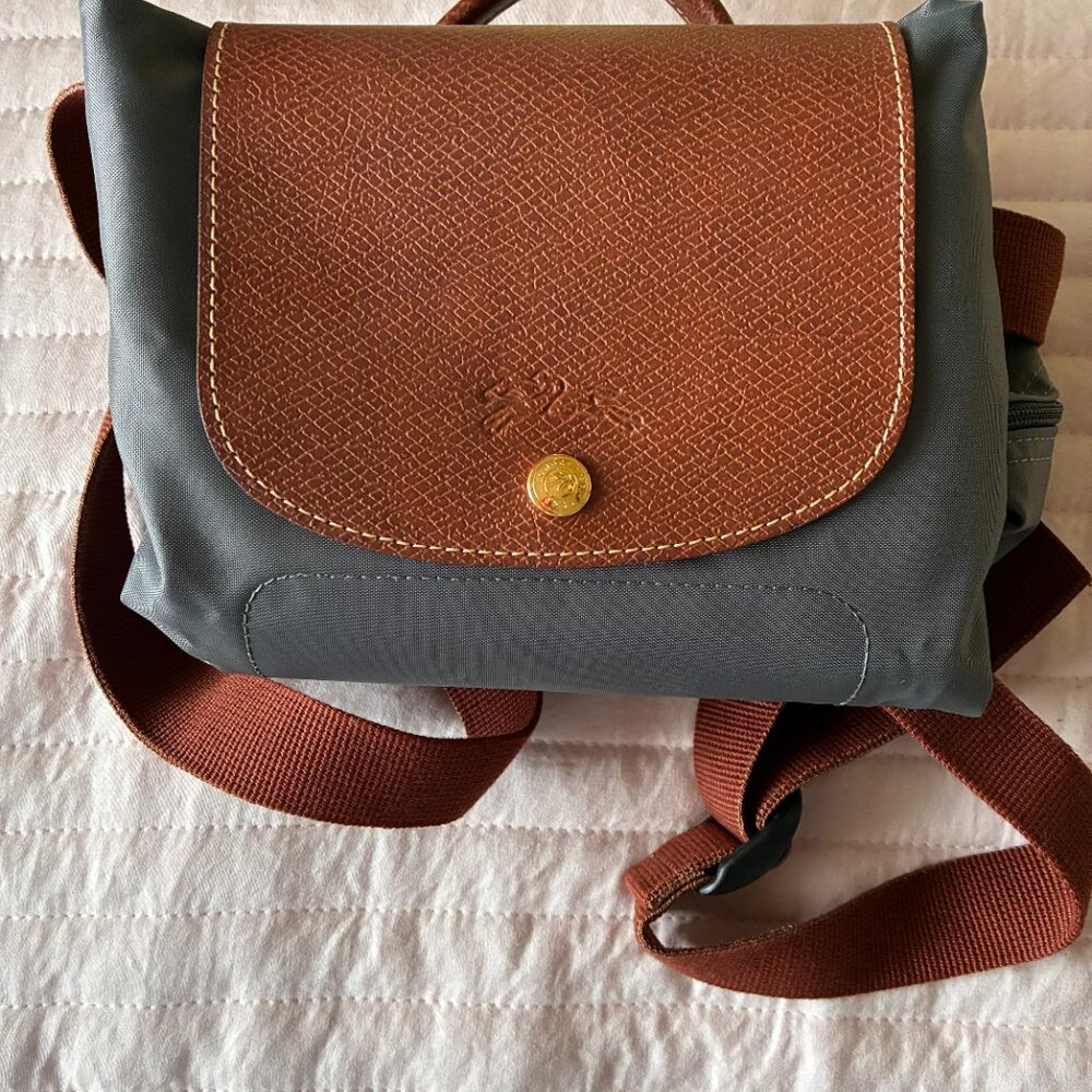Longchamp Le Pliage Gray Nylon and Brown Leather Backpack
